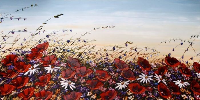 Wild Floral Poppy – original acrylic on canvas by Maya Eventov, 60″ × 30″
