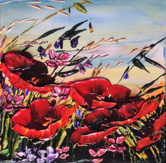 Mini Poppies 4 – original acrylic on canvas by Maya Eventov, 12″ × 12″