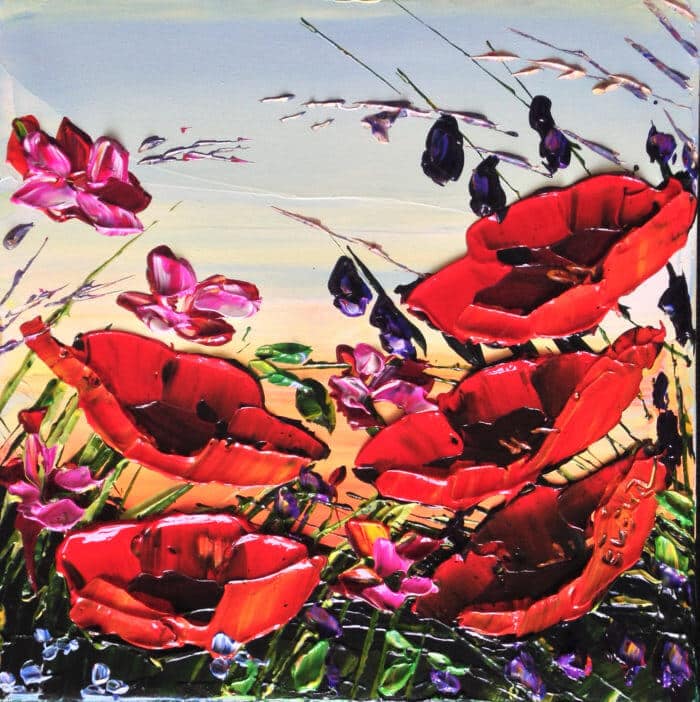 Mini Poppies 5 – original acrylic on canvas by Maya Eventov, 12″ × 12″