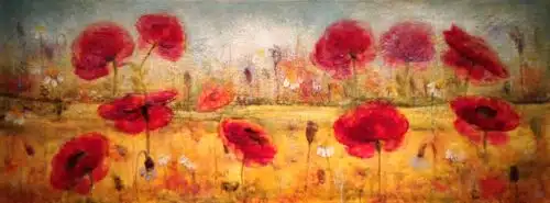 Poppies – original encaustic on panel by Tanya Kirouac, 18″ × 48″