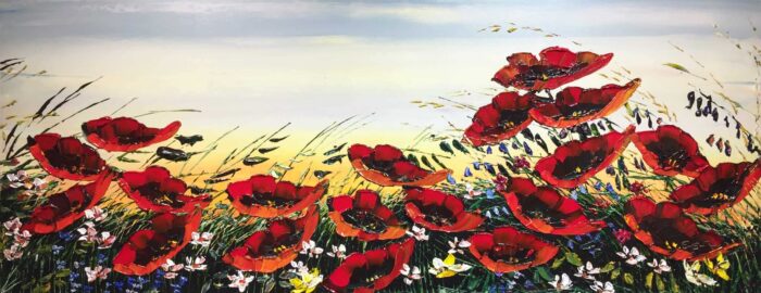 Floral Poppies – original acrylic on canvas by Maya Eventov, 24″ × 60″