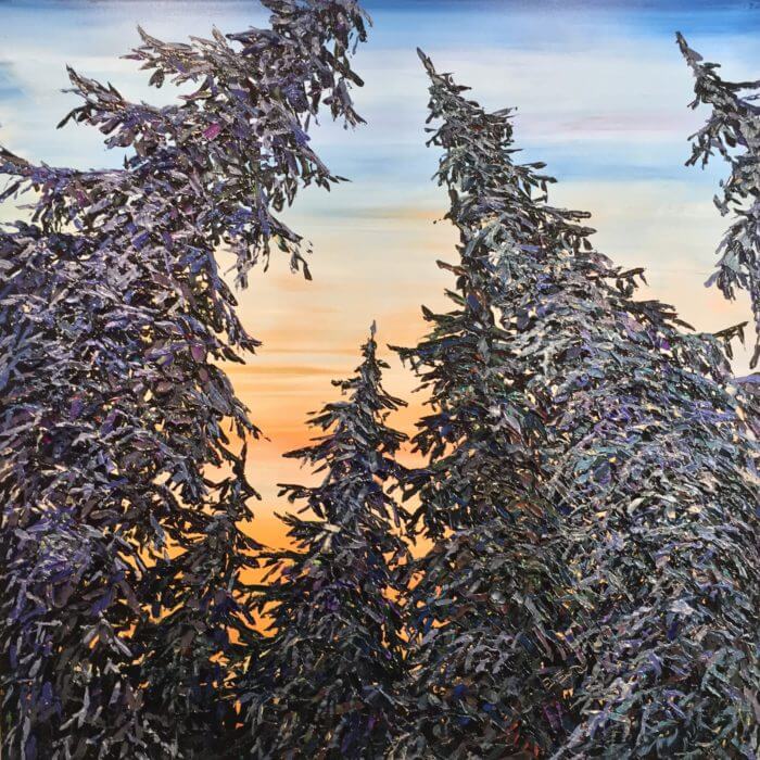 Looking Up Stretching Spruce Forest – original acrylic on canvas by Maya Eventov, 48″ × 48″