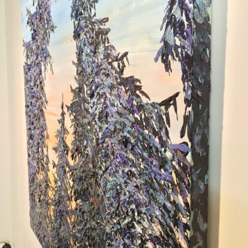 Looking Up Stretching Spruce Forest – original acrylic on canvas by Maya Eventov, 48″ × 48″