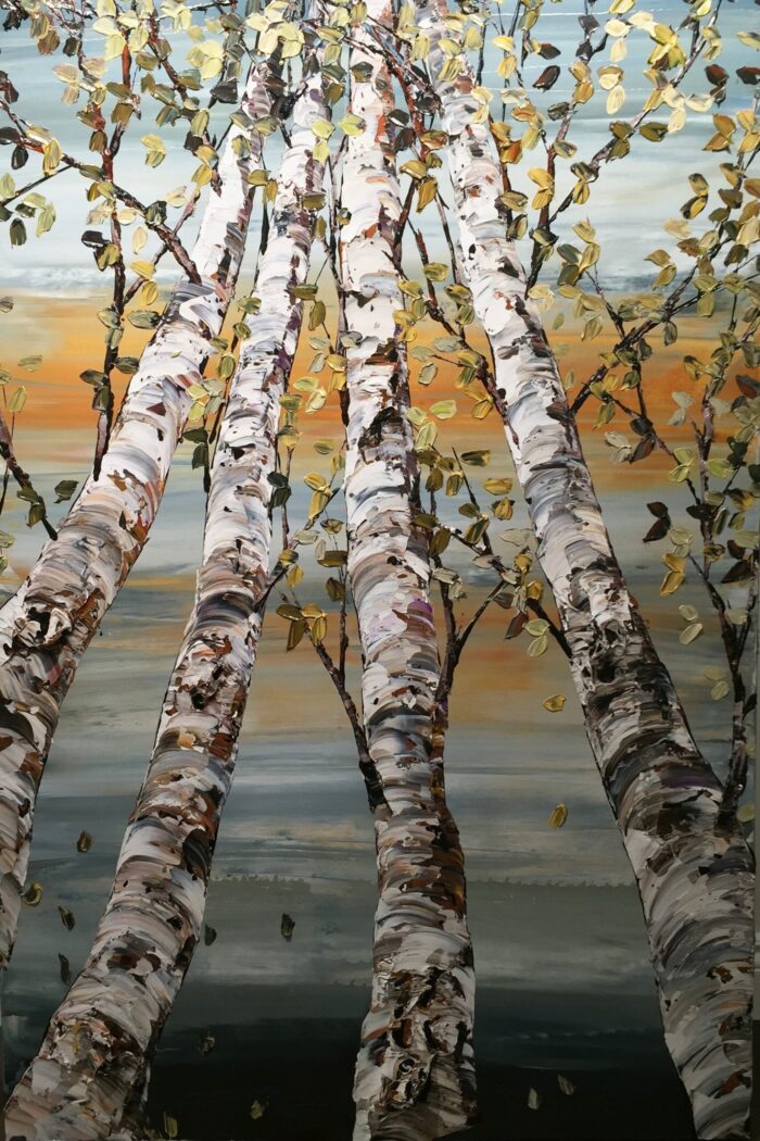 Looking Up Gray Birch – original acrylic on canvas by Maya Eventov, 60″ × 40″
