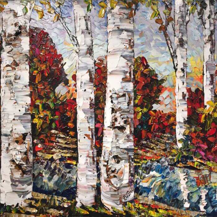 Lake Side Birch II – original acrylic on canvas by Maya Eventov, 30″ × 40″
