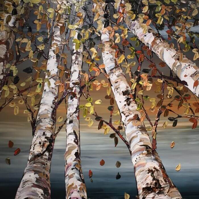 Looking Up Gray Birch – original acrylic on canvas by Maya Eventov, 36″ × 60″
