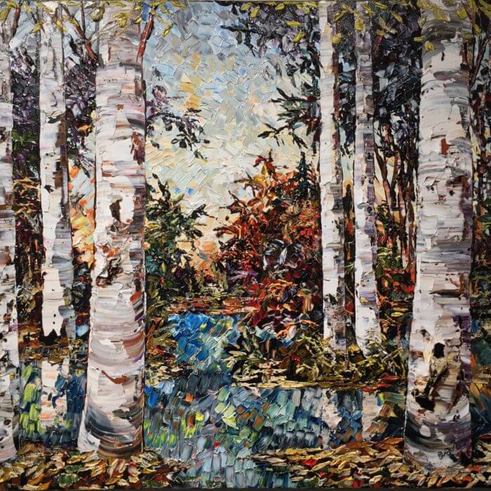 New Day Birch – original acrylic on canvas by Maya Eventov, 36″ × 48″