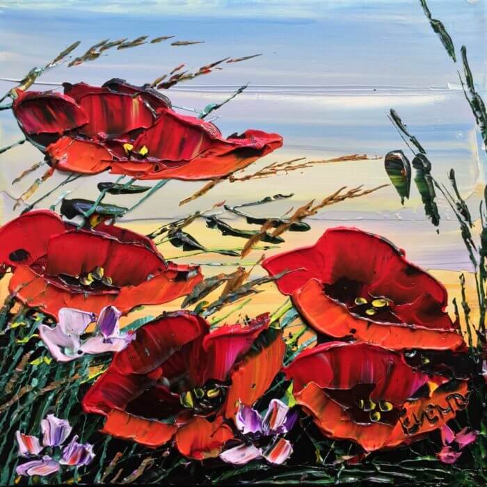Mini Poppies 10 – original acrylic on canvas by Maya Eventov, 12″ × 12″