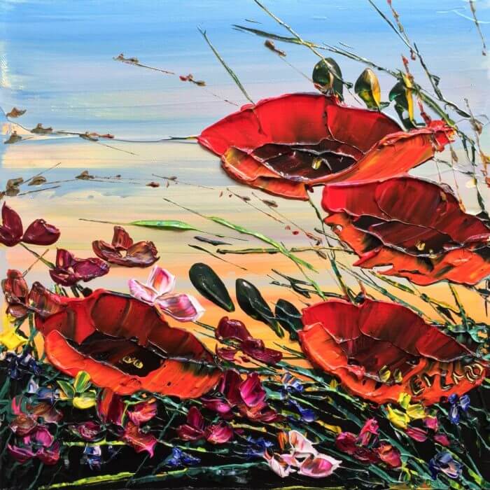 Mini Poppies 7 – original acrylic on canvas by Maya Eventov, 12″ × 12″