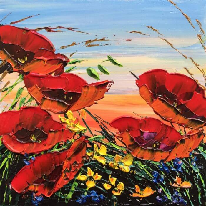 Mini Poppies 8 – original acrylic on canvas by Maya Eventov, 12″ × 12″