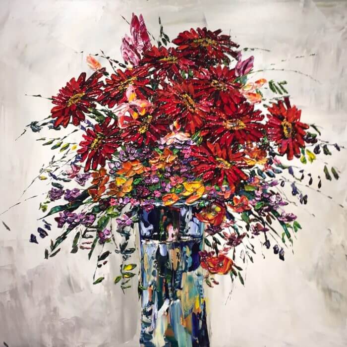 Cut Flowers VI – original acrylic on canvas by Maya Eventov, 40″ × 40″
