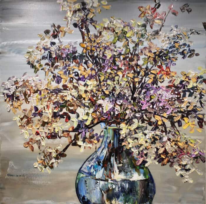 Flowers Hydrangea with Vase – original acrylic on canvas by Maya Eventov, 36″ × 36″