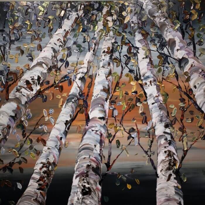 Looking Up Gray Birch – original acrylic on canvas by Maya Eventov, 40″ × 60″