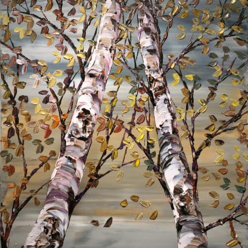 Looking Up Grey Birch – original acrylic on canvas by Maya Eventov, 48″ × 36″