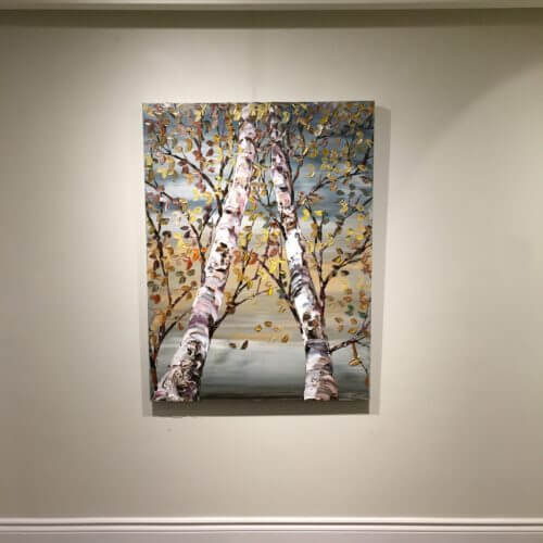 Looking Up Grey Birch – original acrylic on canvas by Maya Eventov, 48″ × 36″