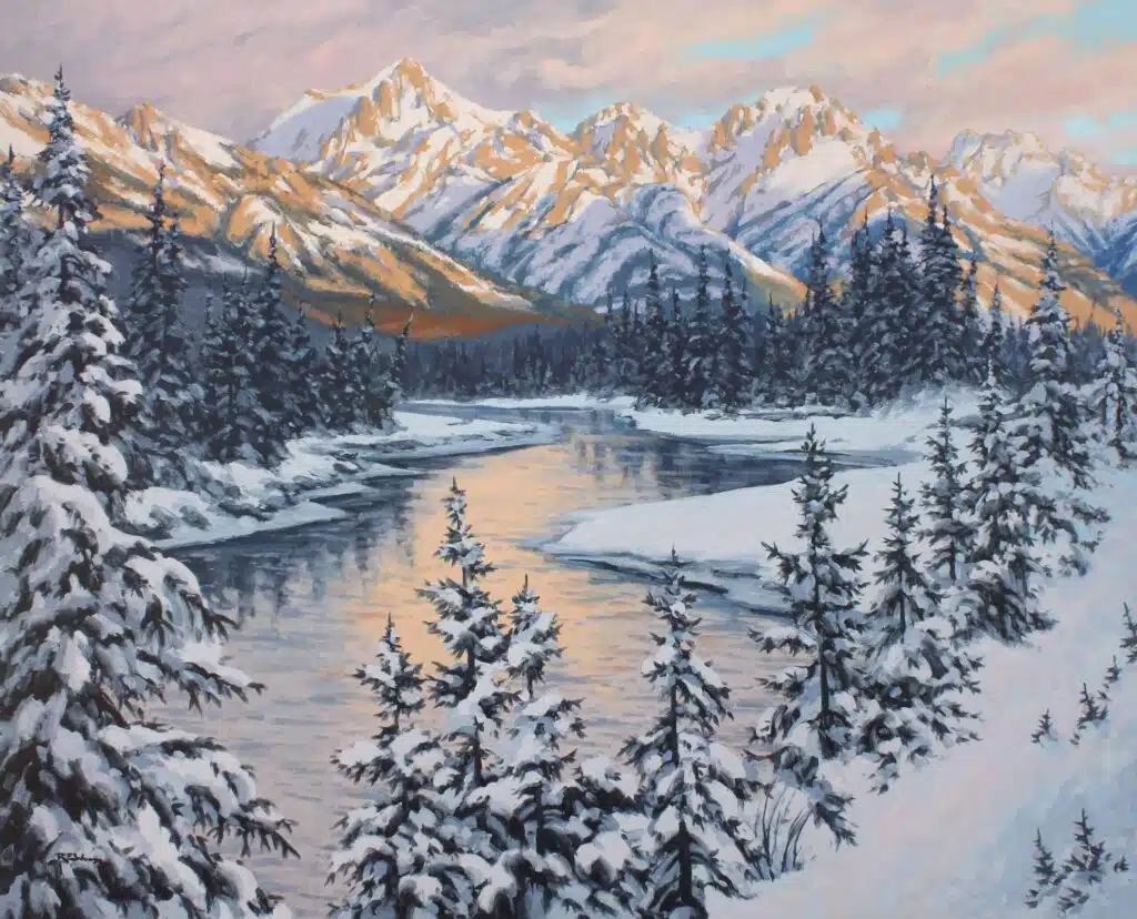 Bow River Sunset – original oil on canvas by Robert E Wood, 48″ × 60″