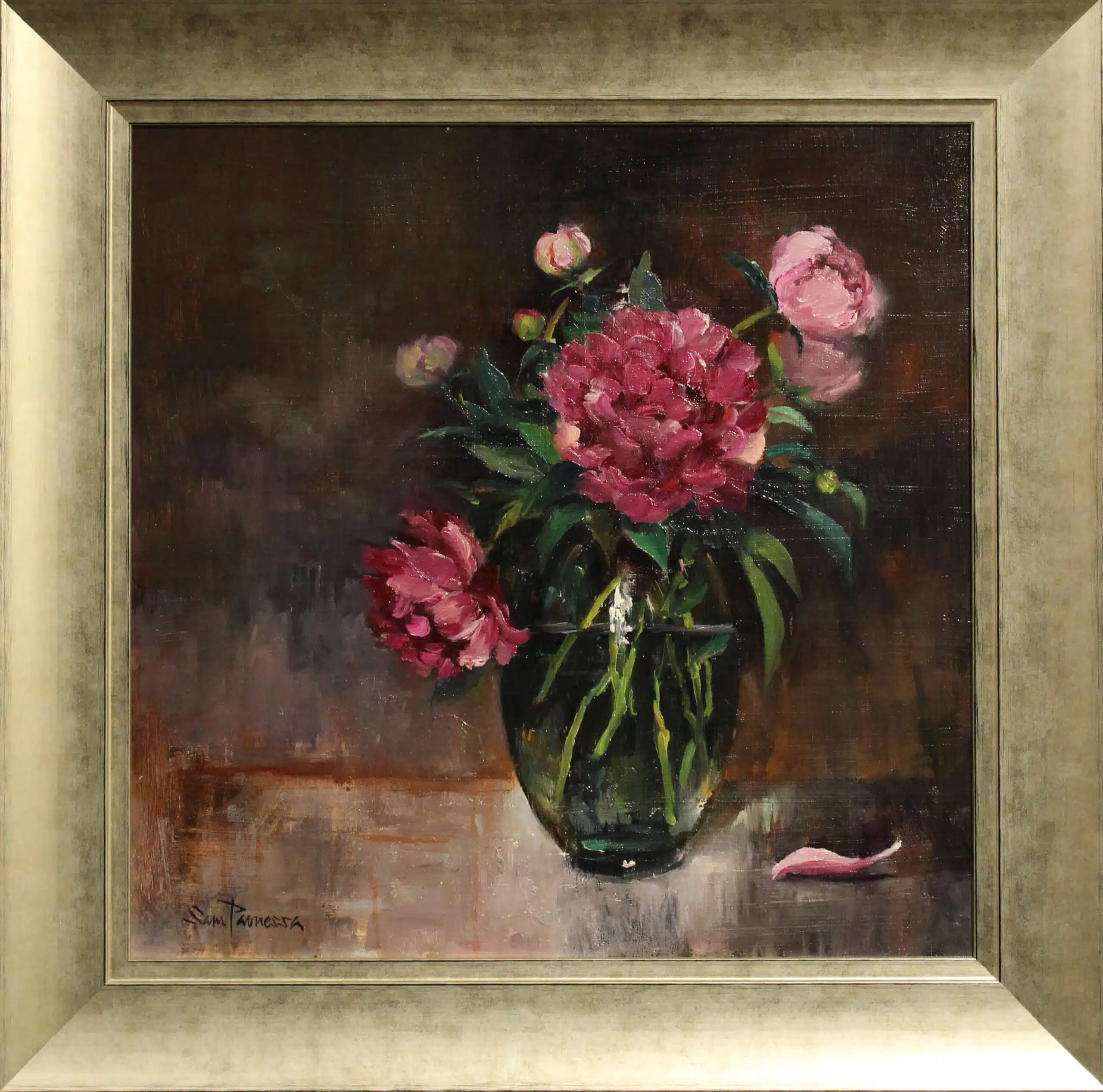 Pink Peonies – original oil on board by Sam Paonessa, 18″ × 18″