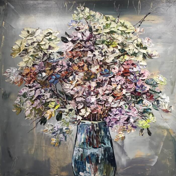 Floral Gray Vase 2 – original acrylic on canvas by Maya Eventov, 40″ × 40″