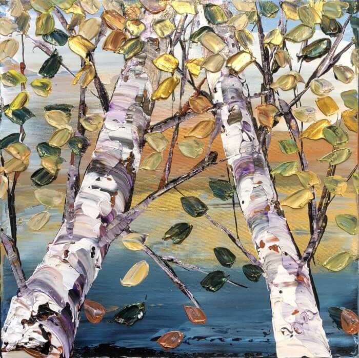 Birch Looking Up Grey 2 – original acrylic on canvas by Maya Eventov, 16″ × 16″