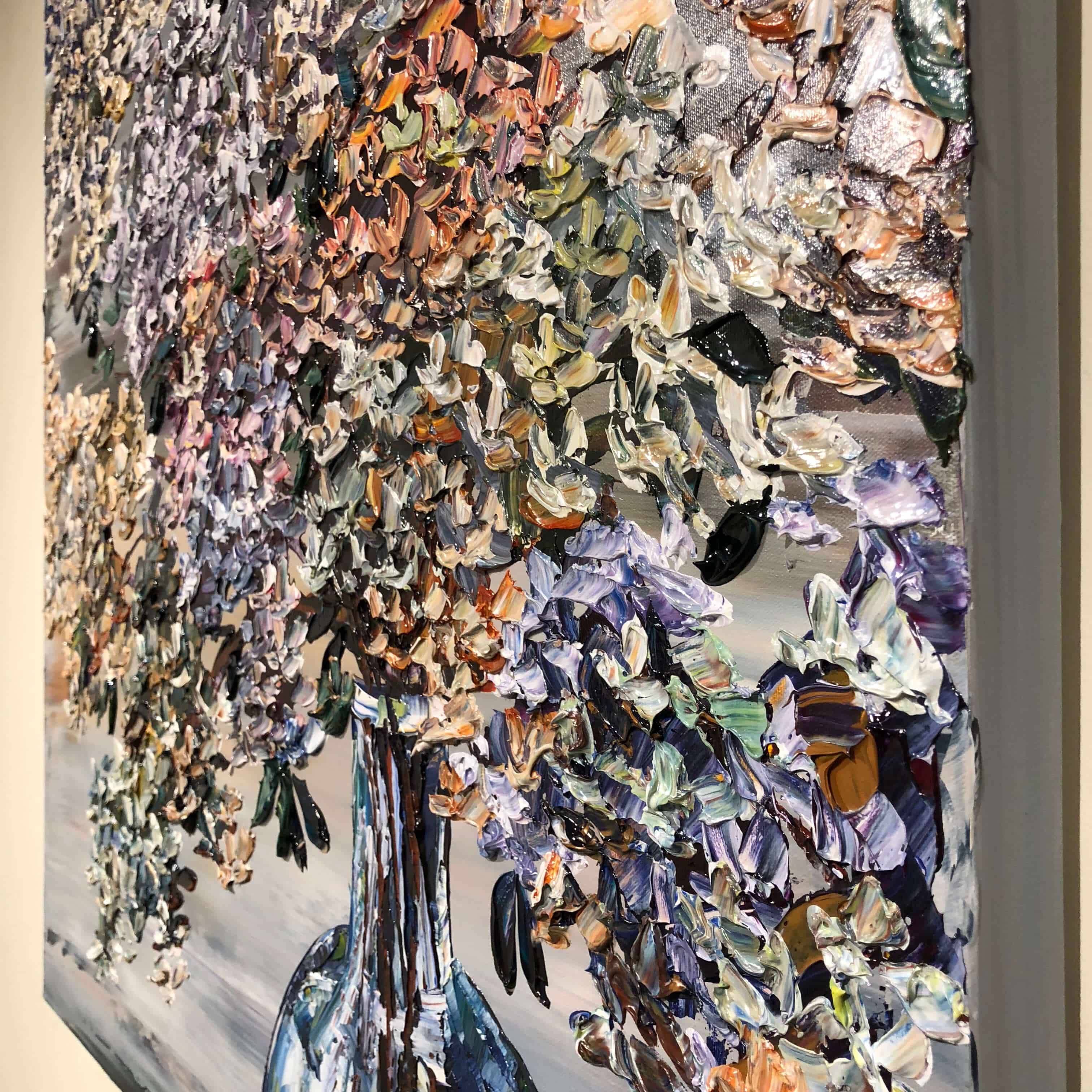 Floral Hydrangea and Vase – original acrylic on canvas by Maya Eventov, 36″ × 36″