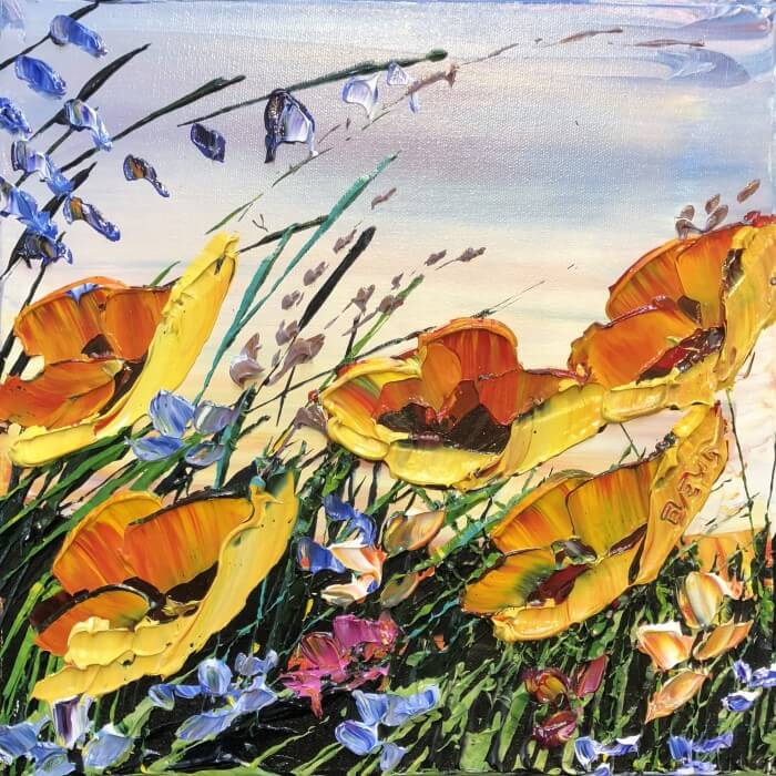 Mini Poppies 11 – original acrylic on canvas by Maya Eventov, 12″ × 12″