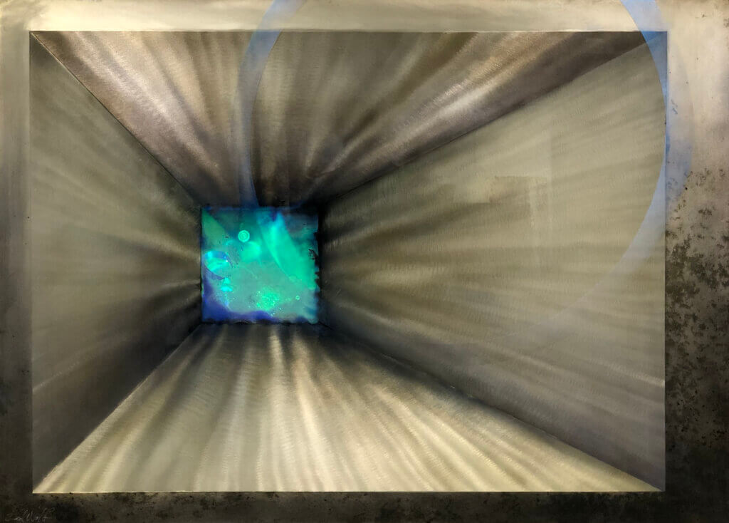 Blue Green Hologram – original mixed media and resin on panel by Red Wolf, 34″ × 47″
