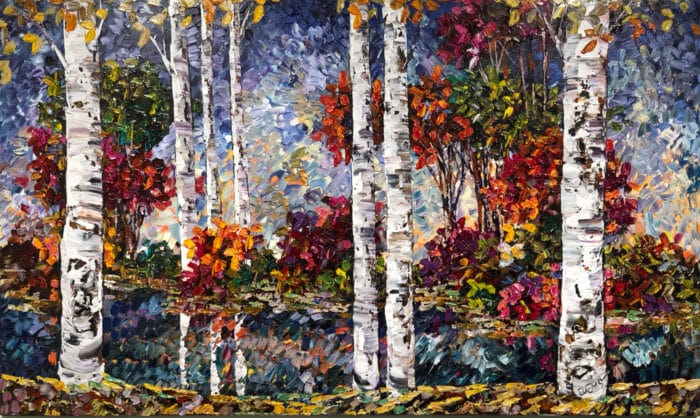 Birch Lakeside 2 – original acrylic on canvas by Maya Eventov, 36″ × 60″