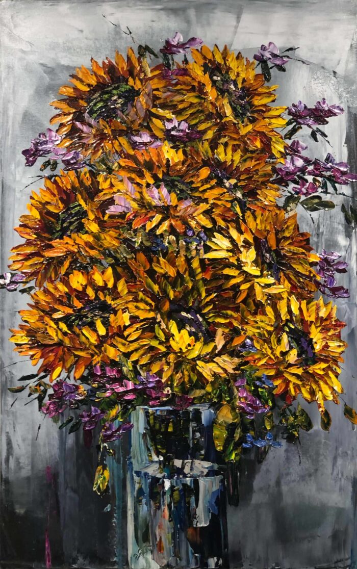 Flowers Sunflowers in Vase 2 – original acrylic on canvas by Maya Eventov, 48″ × 30″