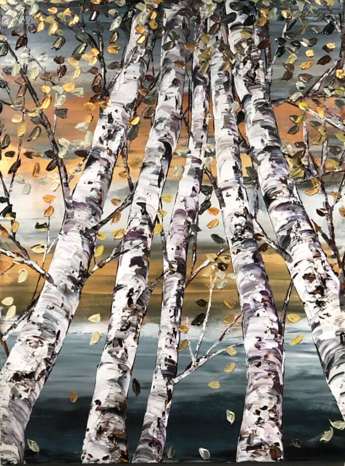 Birch Looking Up Grey 2 – original acrylic on canvas by Maya Eventov, 48″ × 36″