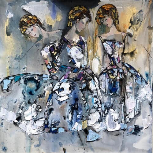 Abstract Ballerina Dancers – original acrylic on canvas by Maya Eventov, 40″ × 40″
