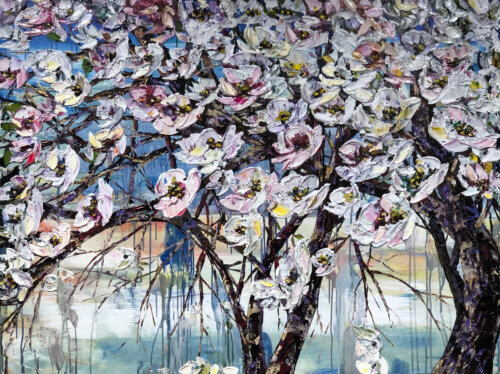 Flowering Magnolia – original acrylic on canvas by Maya Eventov, 48″ × 36″