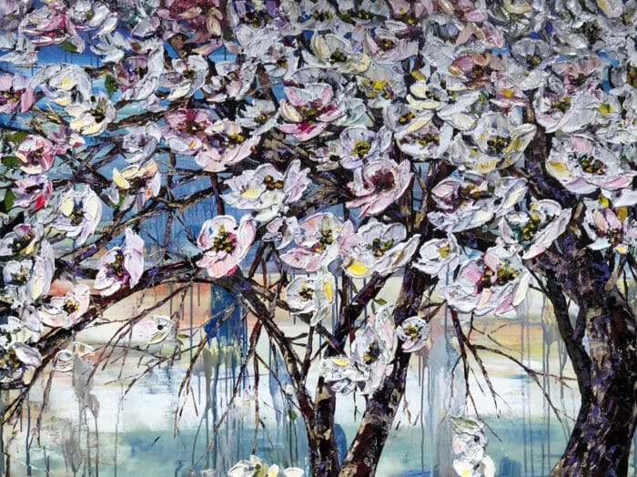 Flowering Magnolia – original acrylic on canvas by Maya Eventov, 48″ × 36″