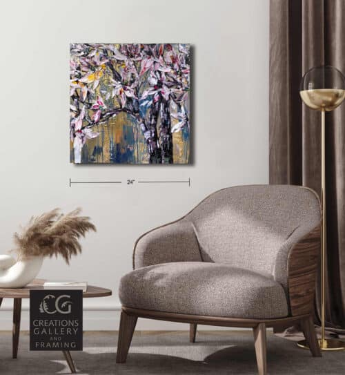 Abstract Magnolia – original acrylic on canvas by Maya Eventov, 24″ × 24″ — shown in a room setting