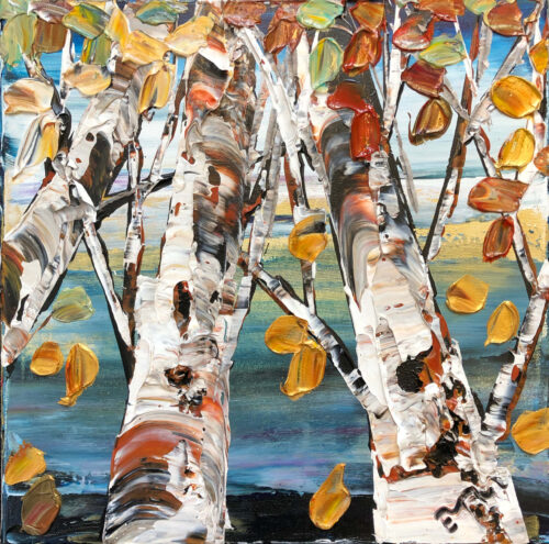 Birch Looking Up 3 – original acrylic on canvas by Maya Eventov, 12″ × 12″