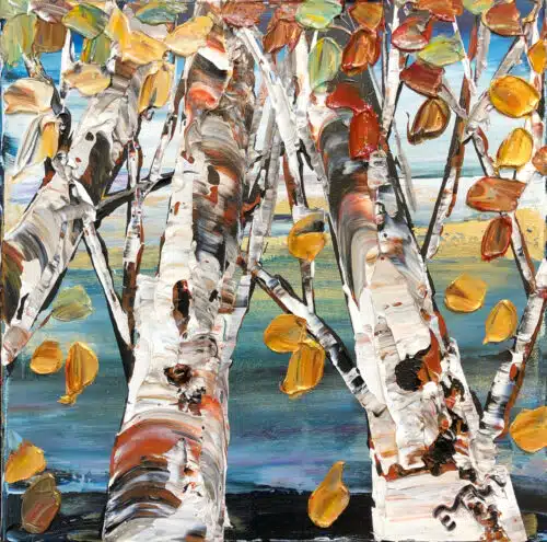 Birch Looking Up 3 – original acrylic on canvas by Maya Eventov, 12″ × 12″