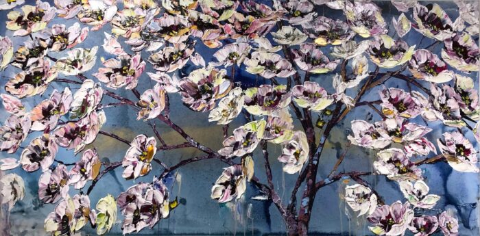 Flowering Magnolia – original acrylic on canvas by Maya Eventov, 30″ × 60″