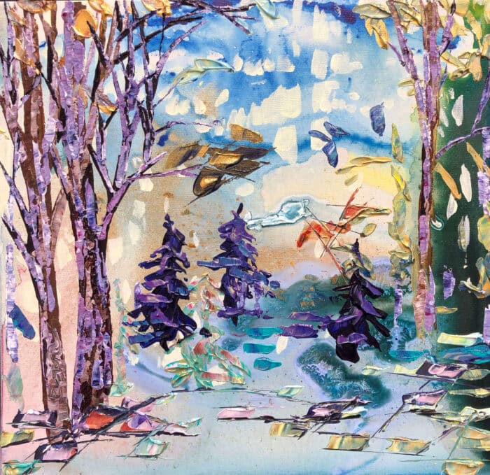 Spectrum Abstract Landscape 2 – original acrylic on canvas by Maya Eventov, 16″ × 16″
