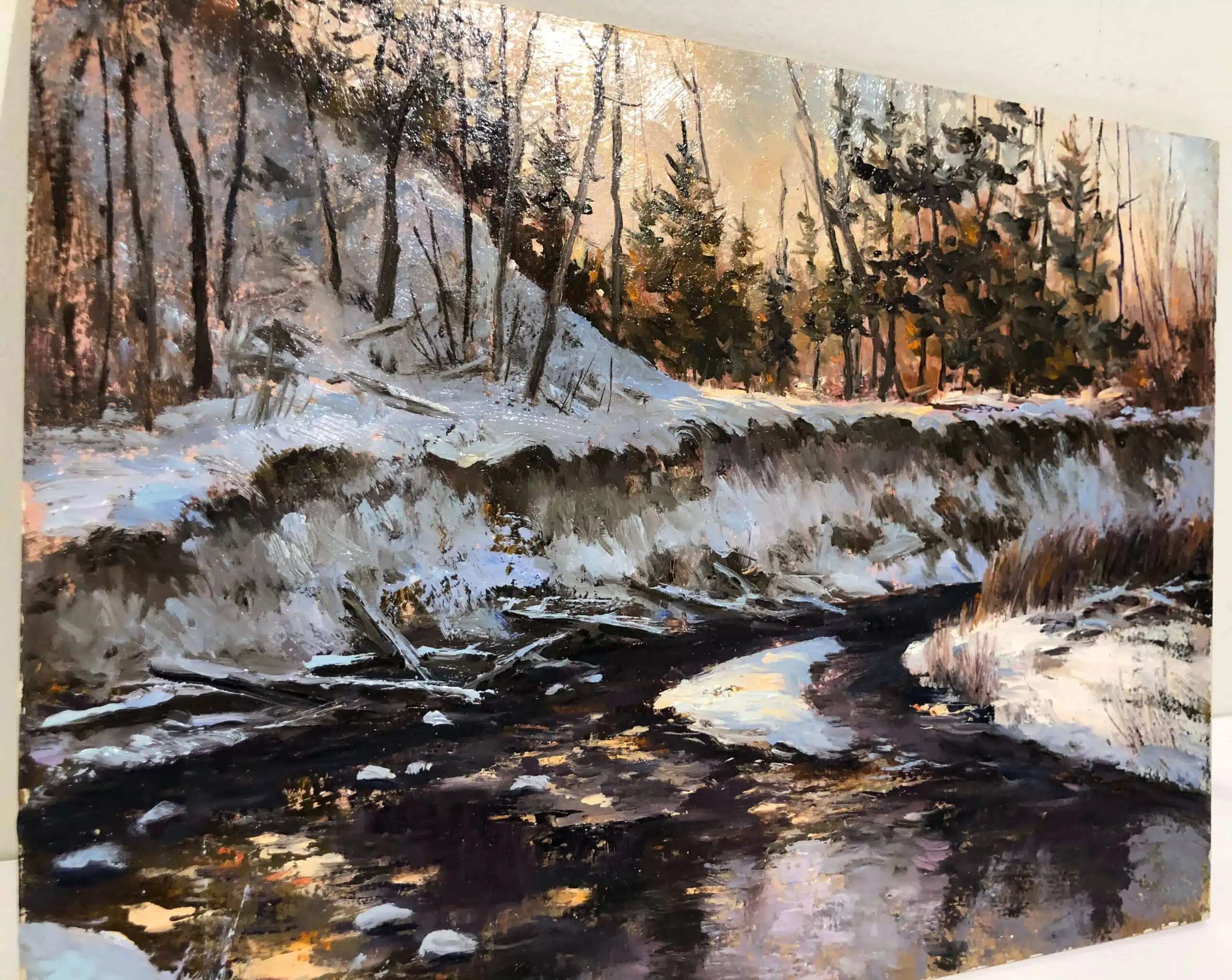 Eroding Banks Rouge River – original oil on panel by Sam Paonessa, 9″ × 12″