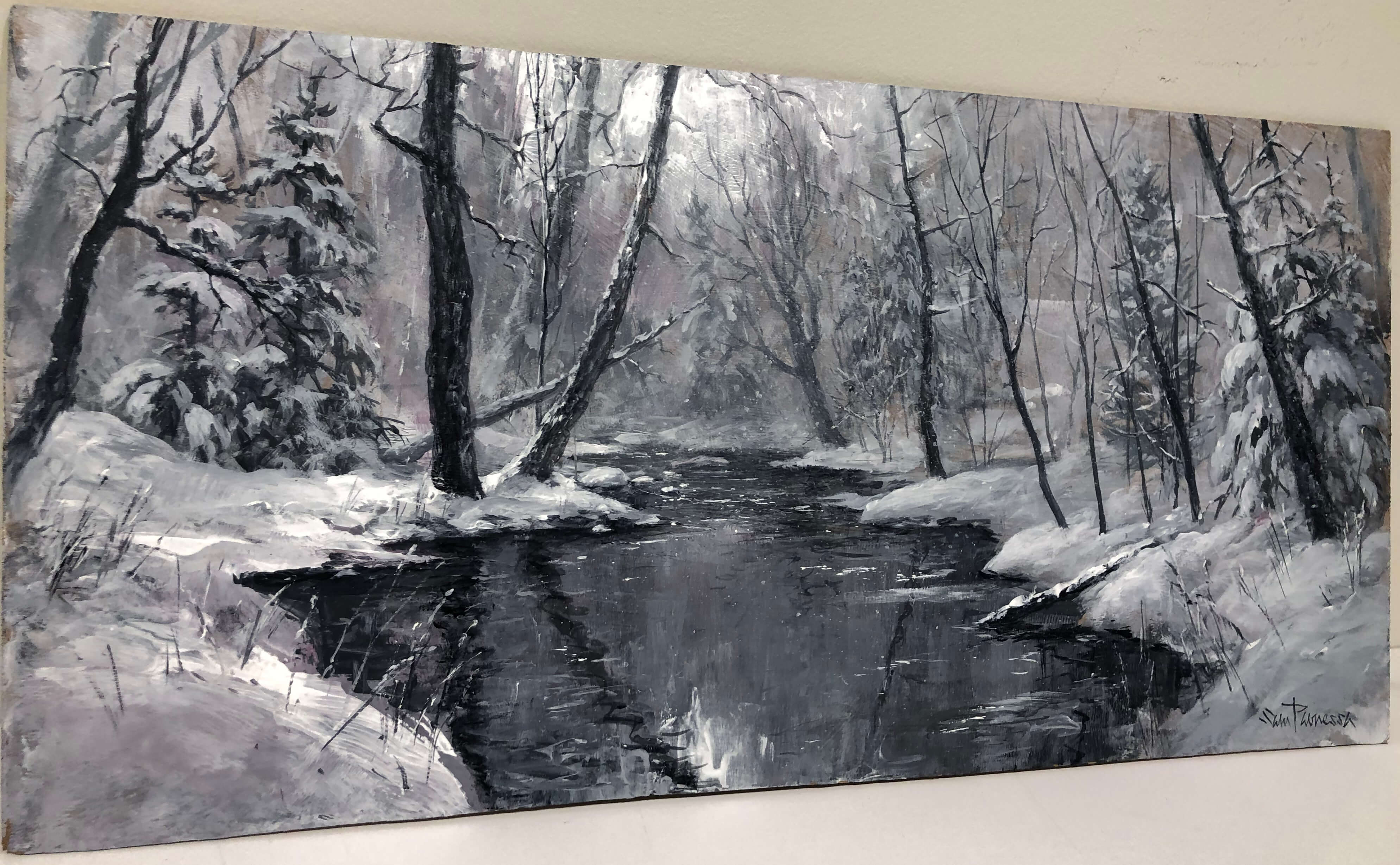Snowy Silence – original acrylic on panel by Sam Paonessa, 12″ × 24″