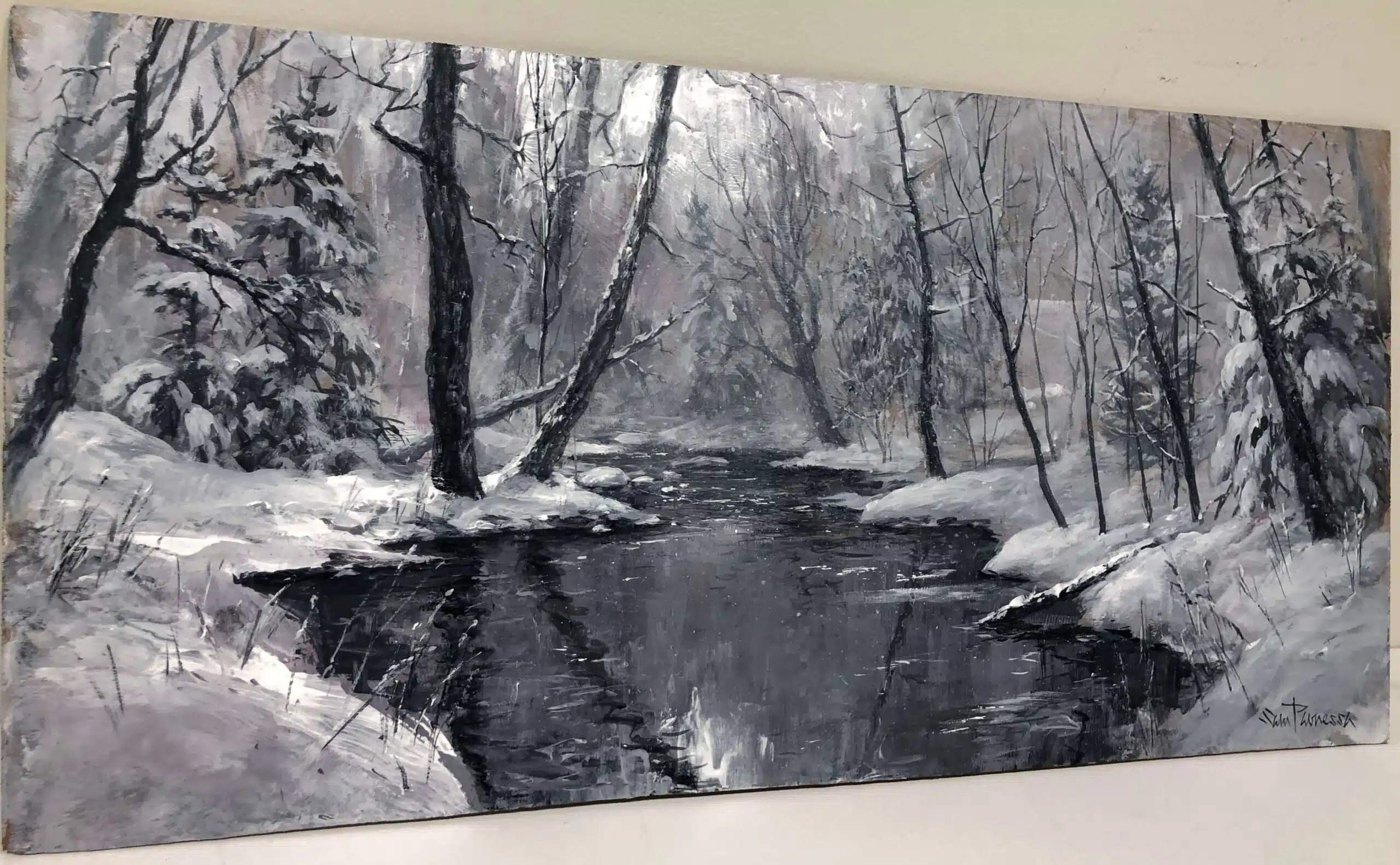 Snowy Silence – original acrylic on panel by Sam Paonessa, 12″ × 24″