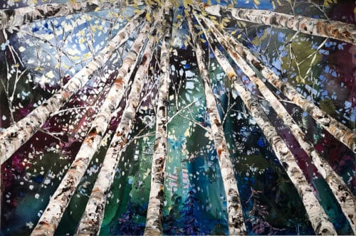 Spectrum Birch Looking Up 1 – original acrylic on canvas by Maya Eventov, 48″ × 72″