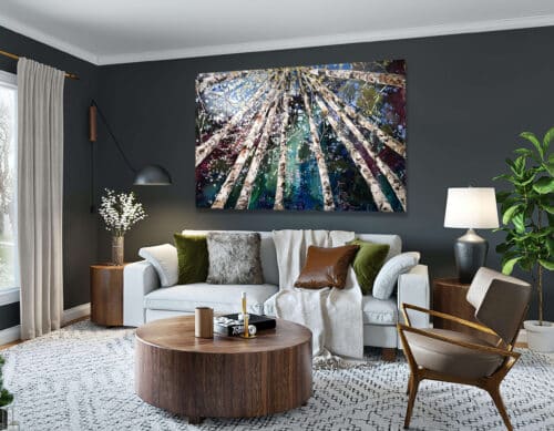Spectrum Birch Looking Up 1 – original acrylic on canvas by Maya Eventov, 48″ × 72″ — shown in a room setting