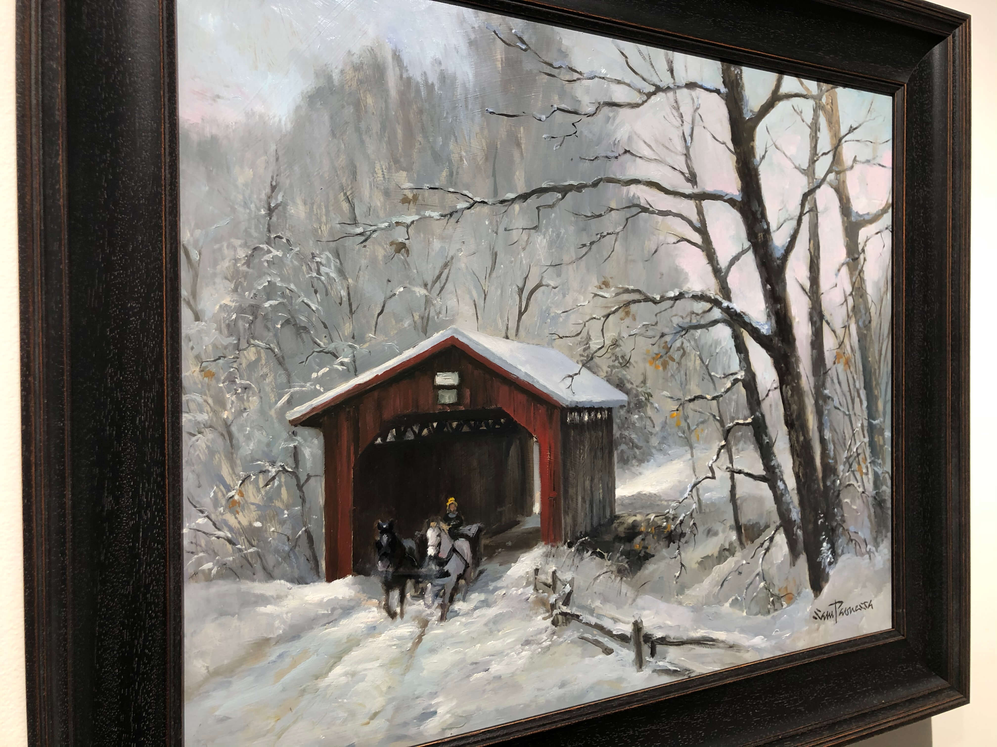 Covered Bridge – original oil on board by Sam Paonessa, 16″ × 20″