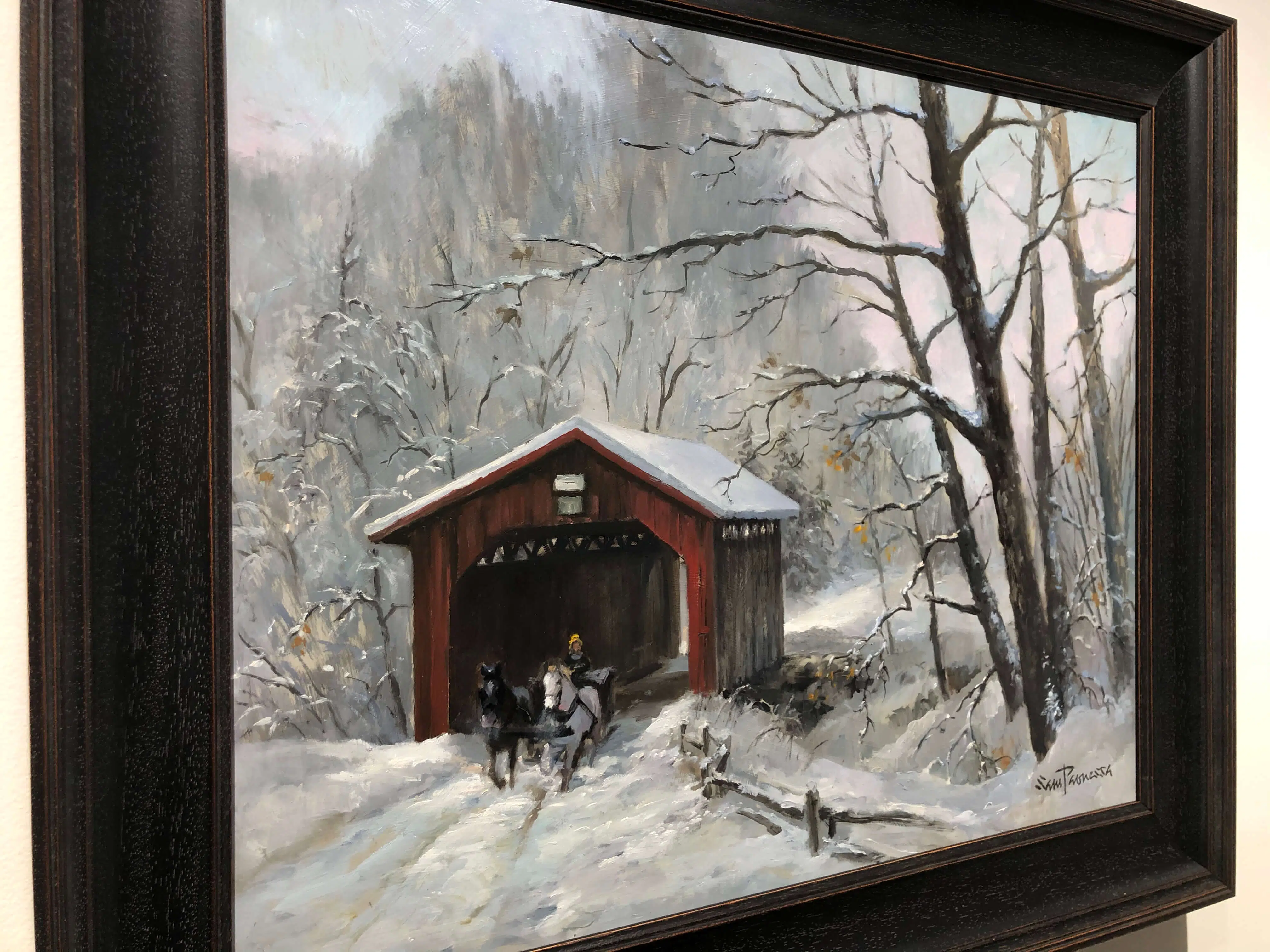Covered Bridge – original oil on board by Sam Paonessa, 16″ × 20″
