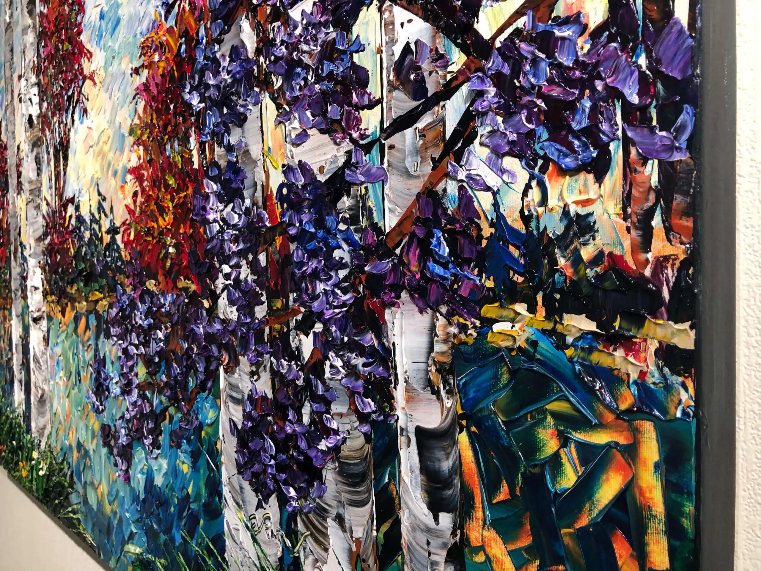 Birch with Lilac 2 – original acrylic on canvas by Maya Eventov, 36″ × 48″
