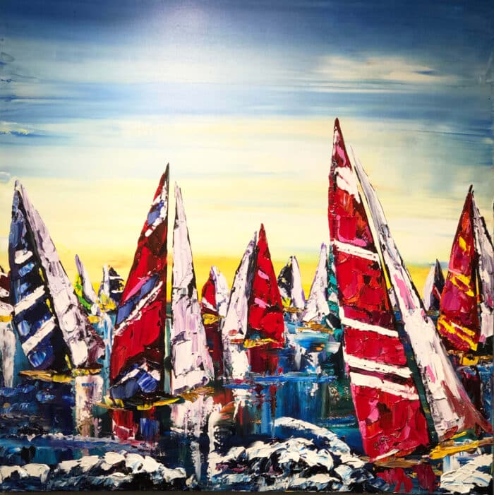 Sailing Boats – original acrylic on canvas by Maya Eventov, 40″ × 40″