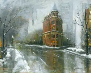 Oil painting of the Gooderham Flatiron building in winter by Canadian artist Michael Swanson.