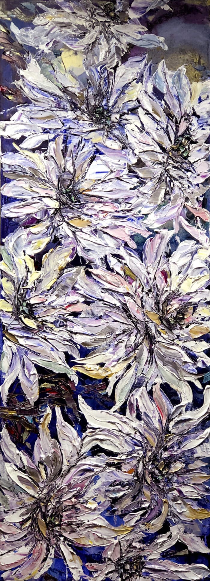 Floral White Spectrum – original acrylic on canvas by Maya Eventov, 22″ × 60″