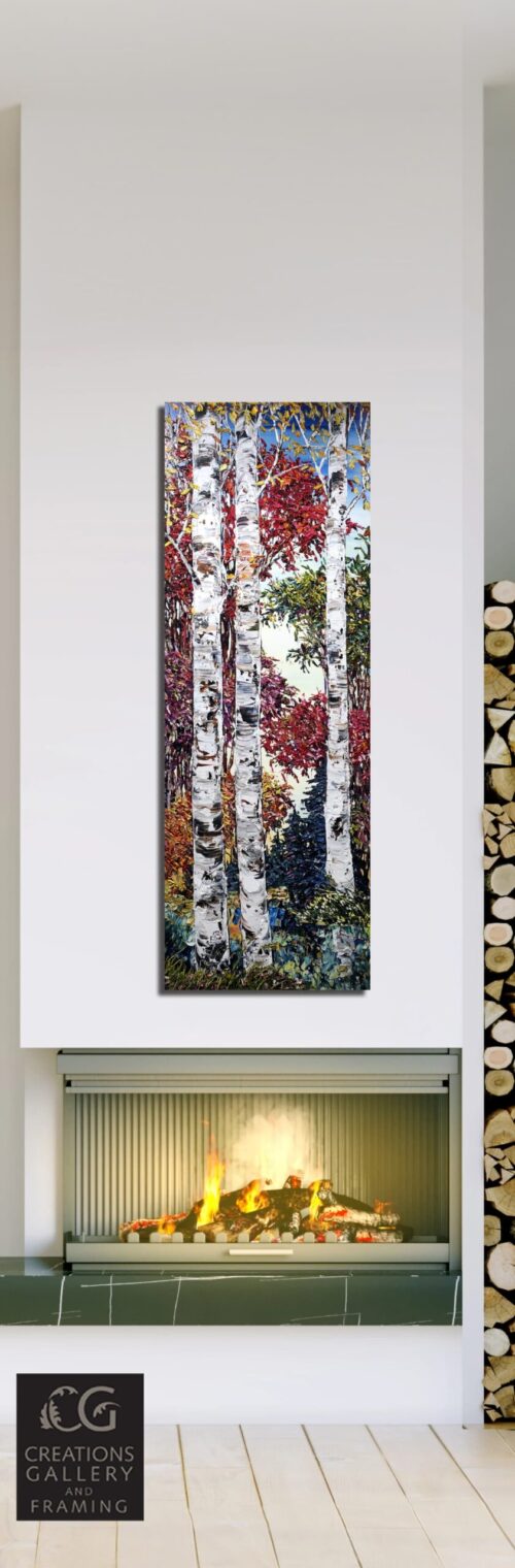 Tall Birch – original acrylic on canvas by Maya Eventov, 72″ × 24″ — shown in a room setting