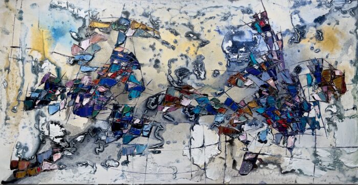 Abstract Cobalt Currents – original acrylic on canvas by Maya Eventov, 30″ × 60″
